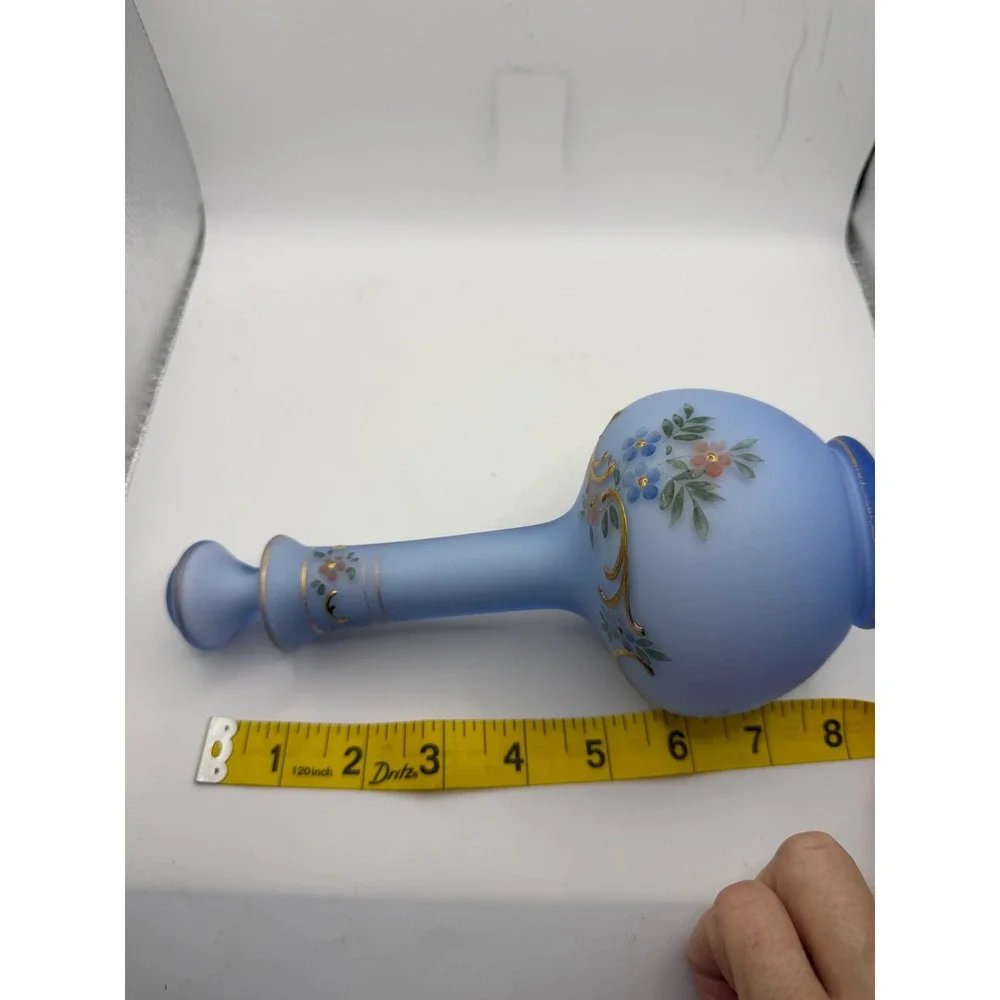 Vintage Frosted Blue Satin Glass Decanter Hand Painted Floral Gold Gilt 8.5
